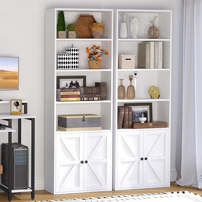 oneinmil 6 Tier Bookshelf and Bookcase, Wooden Bookshelves with Cabinet Doors, Floor Bookshelves and Office Storage Cabinets for Home Office, Living Room,White