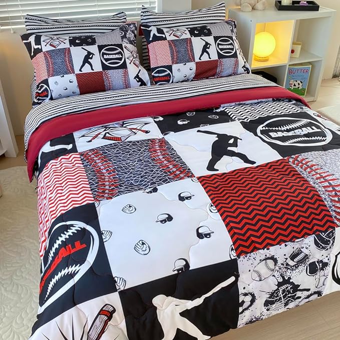 7 Piece Baseball Comforter Set Bed in A Bag Full Size 3D Softball Sports Bedding Set for Boys Kids Microfiber Comforter All Season (1 Comforter, 1 Flat Sheet, 1 Fitted Sheet, 4 Pillowcase)