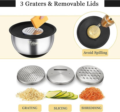 Wildone Mixing Bowls with Airtight Lids, Stainless Steel Mixing Bowls Set | Metal Bowls with 3 Grater Attachments & Non-Slip Bottoms, Size 5, 4, 3, 2,1.5, 0.63QT, Includes Utensil Set for Prep, Black