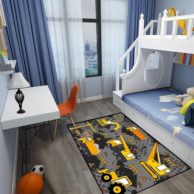 Construction Rugs for Boys Room Play Rug for Cars and Trucks Car Rug Play Mat Kids Rugs for Playroom Car Rug for Boys Room Construction Decor for Boys Room,Grey 3'×4'