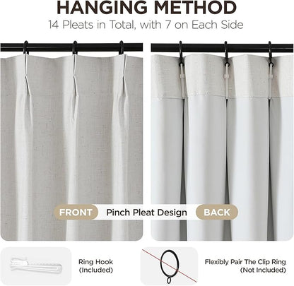 Joydeco Pinch Pleated Linen Curtains Darkening Drapes for Bedroom, 100% Blackout Drapes 96 inches Long 2 Panels Heat Blocking Curtains(Ivory,40'' Wx96'' L)