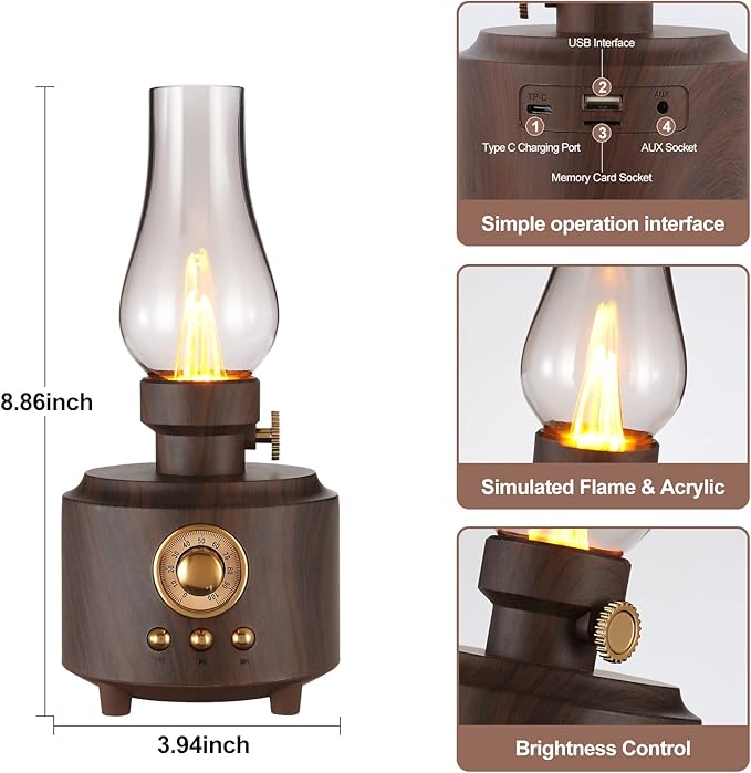 Vintage Table Lamp Retro Bluetooth Speaker Rechargeable Portable Night Light Flameless LED Oil Lamp Bedside Desk Lamp for Bedroom, Cafe, Bar, Desk Decor, Outdoor Camping Birthday Gifts
