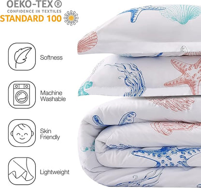 JSD Beach Theme 3 Piece Full Kids Comforter Set, Jellyfish Starfish Shell Printed Comforter with Pillow Sham, Soft Comfortable Machine Washable