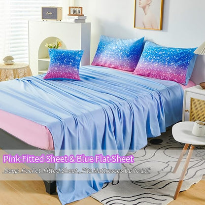 RYNGHIPY 6Pcs Sparkle Gradient Glitter Comforter Sets, Ombre Indigo Pink Gradient Bedding Set for Boys Girls, Rainbow Bed in A Bag Full Size
