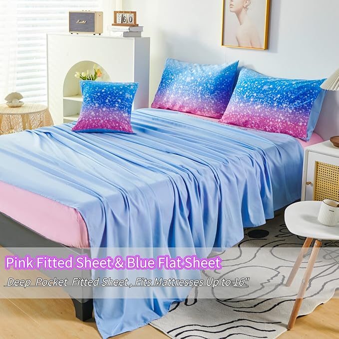 RYNGHIPY 6Pcs Sparkle Gradient Glitter Comforter Sets, Ombre Indigo Pink Gradient Bedding Set for Boys Girls, Rainbow Bed in A Bag Queen Size