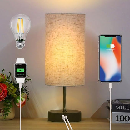 Touch Control Desk Lamp with 2 USB Ports, 3-Way Dimmable Bedside Lamp for Bedroom, Nightstand Lamp with Round Flower Fabric Shade for Living Room, Home Office (Brown-single)