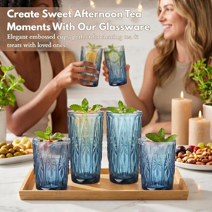 Blue Drinking Glasses Set of 12, 12 Oz Highball & 10 Oz Cocktail Glasses, Blue Kitchen Vintage Glassware Set, Floral Embossed Glass Tumbler Cups for Beer, Juice, Whiskey, Coffee(Snow)
