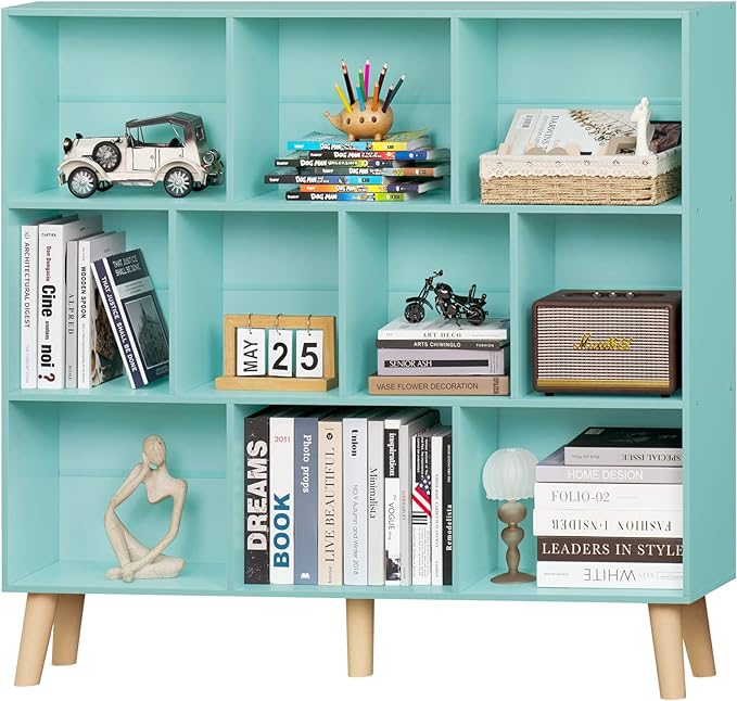 LEYAOYAO 10 Cube Bookshelf,3 Tier Modern Wide Bookcase with Legs,Mid-Century Wood Bookshelves Storage,Mint-Green Large Book Case,Freestanding Organizer Display Shelf for Bedroom,Living Room,Office