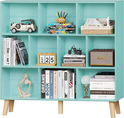 LEYAOYAO 10 Cube Bookshelf,3 Tier Modern Wide Bookcase with Legs,Mid-Century Wood Bookshelves Storage,Mint-Green Large Book Case,Freestanding Organizer Display Shelf for Bedroom,Living Room,Office