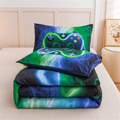Meeting Story Gamer Gaming Bedding Sets Red Blue Lightnings Gamepad Comforter Set for Boys Games Console Action Buttons Novelty Colorful Modern Room Decor Home Quilt Set (Blue-Green, Full)