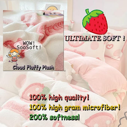 MorroMorn Pink Duvet Cover Queen, Strawberry Bedding Sets, Fluffy Comforter Covers Set, Down Alternative Blanket Ultra Soft Kawaii Cute for Girls Kids Teen Women Full Double Size