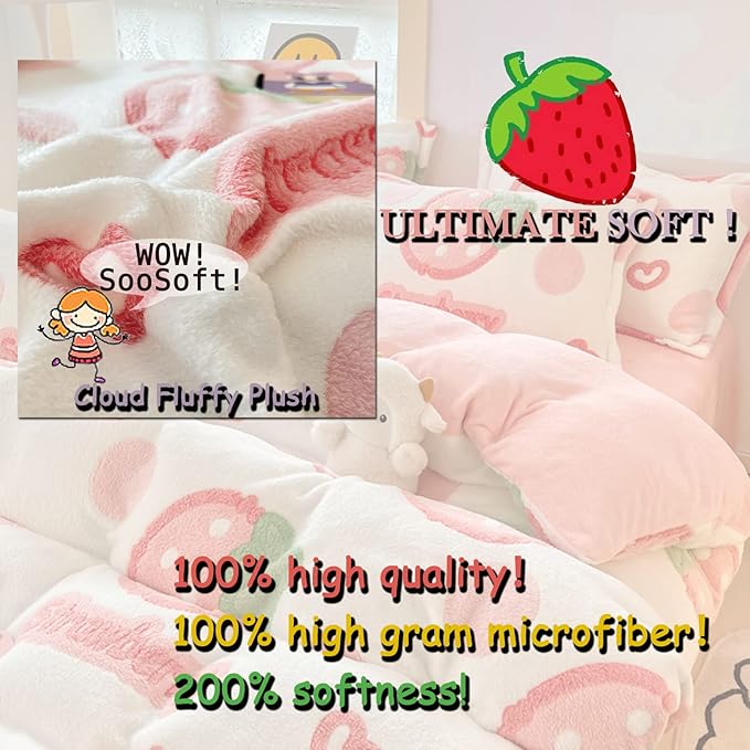 MorroMorn Twin Duvet Cover Set, Pink Strawberry Cute Bedding Sets, Fluffy Comforter Covers Lightweight Blanket Ultra Soft Kawaii for Girls Kids Toddler Teen Women Twin/Twin XL Size