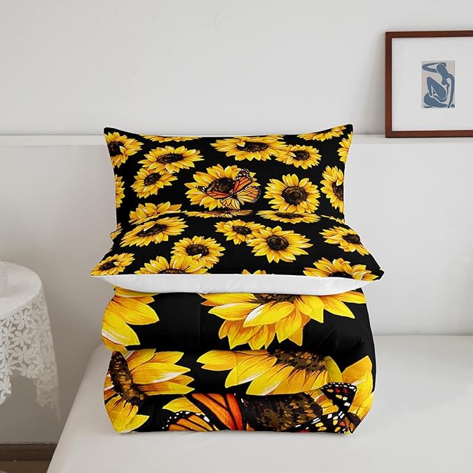 Feelyou Sunflower Bedding Set Girls Yellow Floral Butterfly Comforter Chic Flowers Pattern Comforter Set for Kids Teens Botanical Nature Duvet Set Ultra Soft Room Decor Twin Size