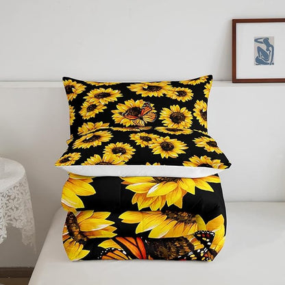 Feelyou Sunflower Bedding Set Girls Yellow Floral Butterfly Comforter Chic Flowers Pattern Comforter Set for Kids Teens Botanical Nature Duvet Set Ultra Soft Room Decor Queen Size…
