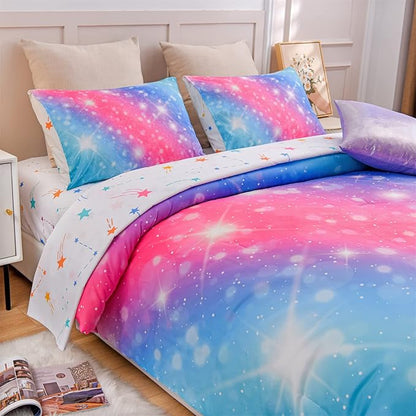 A Nice Night 6Pcs Gradient Glitter Bedding Set for Girls, Colorful Rainbow Galaxy Comforter Set, Ultra Soft Bedding Sets (Pink-Blue,Twin 6Pcs)