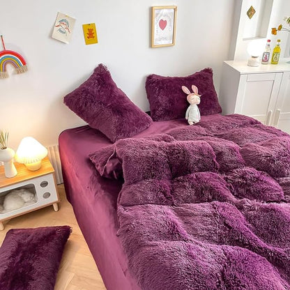 Faux Fur Kids Girls Grape Purple Comforter Sets Twin/Full - 3PC Bed Set Warm Comfortable Soft Plush Flannel Velvet Fluffy Fuzzy Bedding（Comforter x 1 Pillowcases x 2）