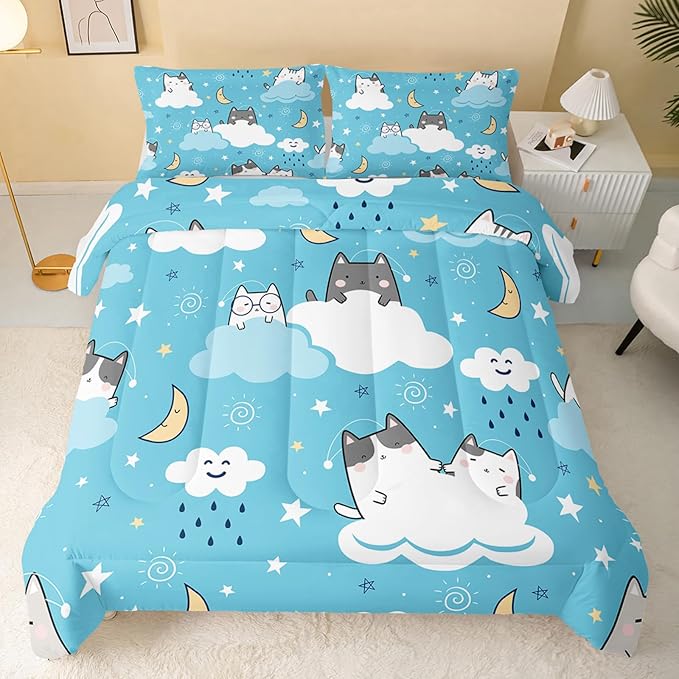 Cat Comforter Full Size,Blue Cloud Cats Comforter Set for Kids Teens Girls Boys,3Pcs Bedding Set Printed Comforter with 2 Pillowcases,Down Alternative,Soft and Lightweight，Full Size