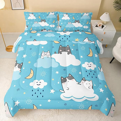 Cat Comforter Full Size,Blue Cloud Cats Comforter Set for Kids Teens Girls Boys,3Pcs Bedding Set Printed Comforter with 2 Pillowcases,Down Alternative,Soft and Lightweight，Full Size