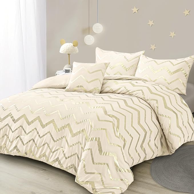 Cream Comforter Set Queen Size Metallic Gold Bedding Set All Season Lightweight Microfiber Comforter for Girls, 4 Piece (2 Pillow Shams + 1 Decorative Pillow Sham)