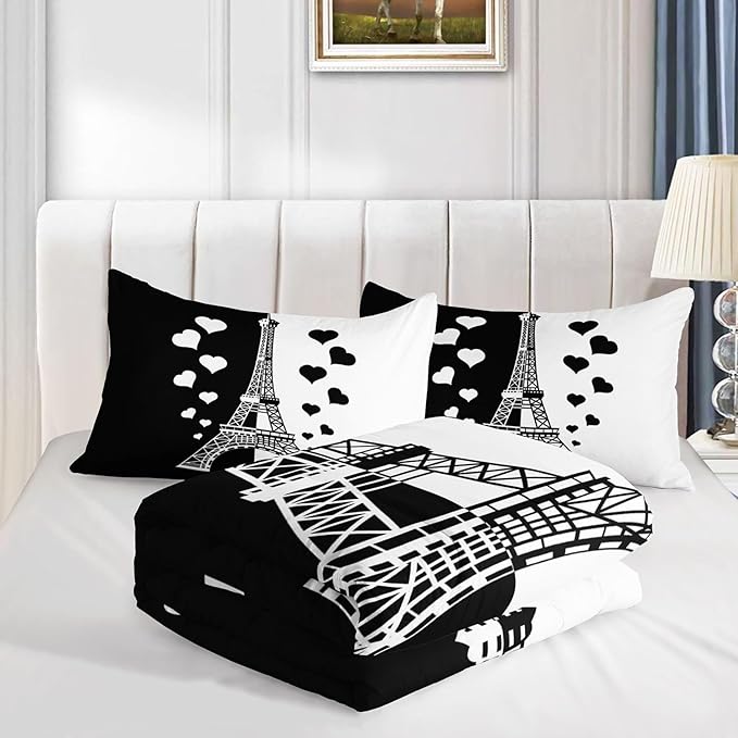 Datura home Kids Comforter Set Eiffel Tower Printed Pattern Bedding Set with 1 Comforter and 2 Pillowcases for Girls Boys Bedroom All Season(Tower1 Full)