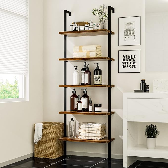 NUMENN 5 Tier Book Shelf, Industrial Ladder Shelf, Open Space Wall Mount Bookshelf with Metal Frame, Sturdy Book Shelves, Bookcase for Living Room, Home Office Shelf, Vintage Brown