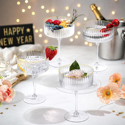 24 Pcs Ribbed Martini Glasses Plastic 10oz Champagne Martini Glasses Espresso Martini Glass Gold Rim Vintage Coupe Glass Margarita Glasses Disposable Clear Glassware Dessert Cup for Christmas New Year