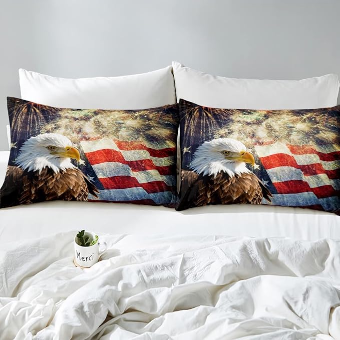 Erosebridal American Flag Comforter Eagle Room Decorative Comforter Set King Size Firework Bedding Set Wildlife Animal Bird Down Comforter Soft Lightweight Quilt Set with 2 Pillowcases