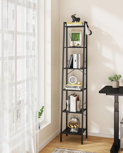 Ladder Shelf, Bookshelf Bookcase, Freestanding Corner Storage Shelve with 2 Hooks for Home Office, Living Room, Kitchen, Bedroom, Industrial, 6-Tier Black BC13304B