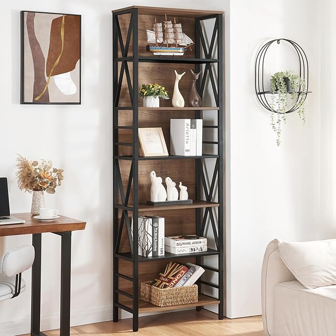 HOMISSUE Bookshelf, 7-Tier Bookshelf, Rustic Wood Metal Bookshelves and Bookcases, Freestanding Open Bookshelf, Industrial Tall Bookcase for Home Office, Living Room and Bedroom, Vintage Brown