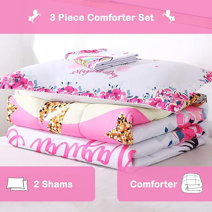 Unicorn Bedding Flower Girl Unicorn Comforter Set 3pc Soft Kid's Pink Unicorn Bedding Sets for Teen Girls