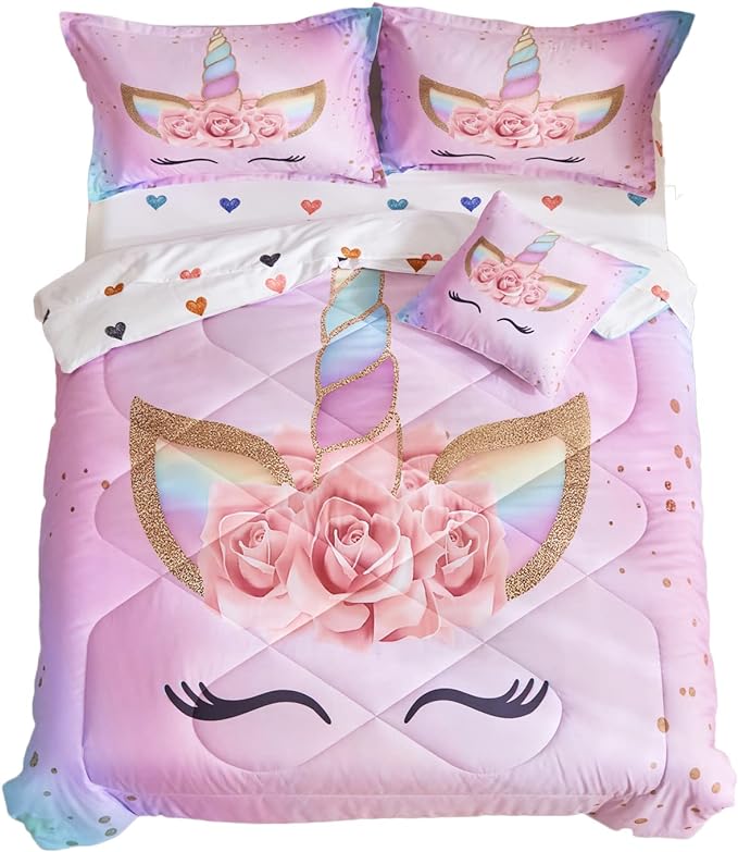 ADASMILE A & S Twin Unicorn Comforter Sets for Girls 6 Pieces Pink Floral Unicorn Bedding Set with Colorful Cute Love Heart Sheets Twin for Girls Unicorn Bed in a Bag Comforter for Home Decor