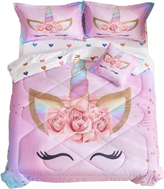ADASMILE A & S Twin Unicorn Comforter Sets for Girls 6 Pieces Pink Floral Unicorn Bedding Set with Colorful Cute Love Heart Sheets Twin for Girls Unicorn Bed in a Bag Comforter for Home Decor