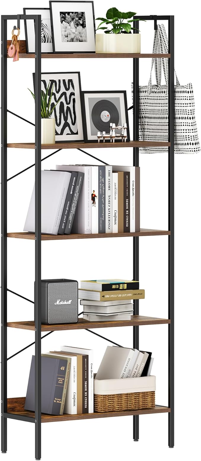 Bookshelf, Book Shelf, Industrial Bookcase with 2 Hooks, Coner Shelf Storage Organizer for Home Office, Living Room, Bedroom, Kitchen, 5-Tier Rustic Brown BC22501B