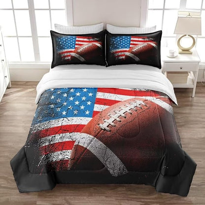 American Football Comforter Set for Boys Teens,Kids Sports Bedding Set Twin Size,USA Flag Football Printed Bedroom Sets with 2 Matching Pillow Shams