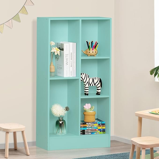 LEYAOYAO 5 Cube Bookshelf with Base,3 Tier Modern Mint-Green Kids Bookcase,Standing Wide Bookshelves Storage Organizer Toy Shelf,Wood Display Children's Book Shelves for Bedroom,Living Room,Nursery