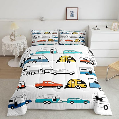 Camping Decor Comforter Set Full Size Kids Camper Trailer Bedding Set Cartoon Camper Decor Duvet Insert Colorful Rustic Farmhouse Sketch Drawing Quilt Set Camper Campsite Comforter Bedroom Decor