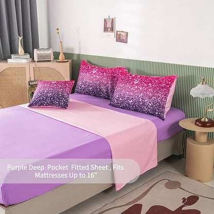 RYNGHIPY 6Pcs Queen Gradient Pink Purple Glitter Comforter Sets for Teens Girls Kids, Colorful Rainbow Glitter Themed Bedding Set