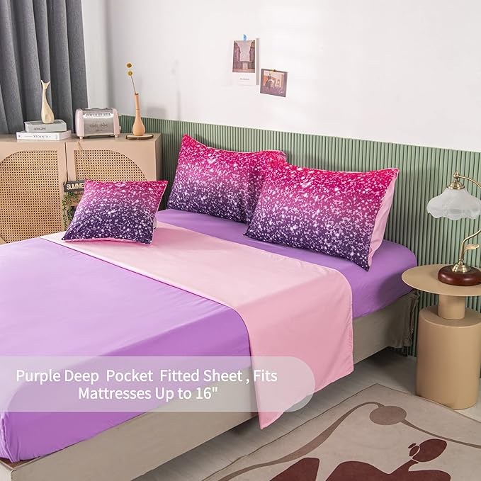 RYNGHIPY 6Pcs Full Gradient Pink Purple Glitter Comforter Sets for Teens Girls Kids, Colorful Rainbow Glitter Themed Bedding Set