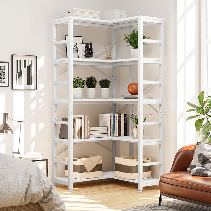 NUMENN 5 Tier Corner Bookshelf, Modern Corner Bookcase, Large Open Shelf Bookcase, Tall Bookshelves Storage Display Rack for Bedroom, Living Room and Home Office, White