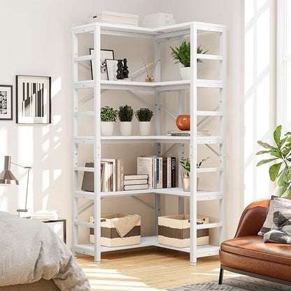 NUMENN 5 Tier Corner Bookshelf, Modern Corner Bookcase, Large Open Shelf Bookcase, Tall Bookshelves Storage Display Rack for Bedroom, Living Room and Home Office, White
