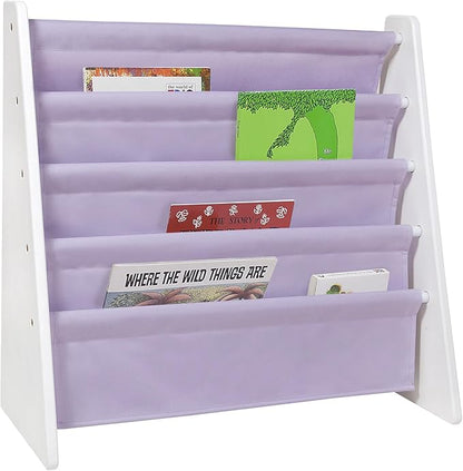 Wildkin Kids Canvas Sling Bookshelf for Boys and Girls, Wooden Design Features Four Fabric Shelves, Keep Bedrooms, Playrooms, and Classrooms Organized, an Ideal Kids Bookshelf (White w/Lilac)