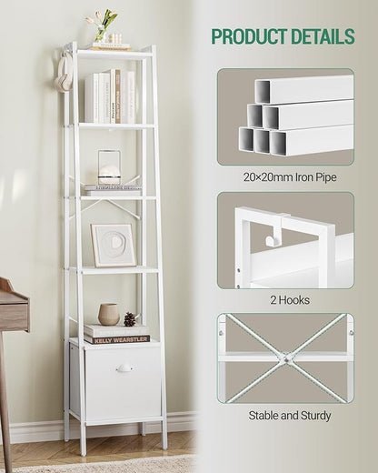 Narrow Bookshelf Bookcase with Drawer, Ladder Shelf with 2 Hooks, Bookshelves Storage Organizer, Freestanding Display Standing for Home Office, Bedroom, 6 Tier White BC19613W