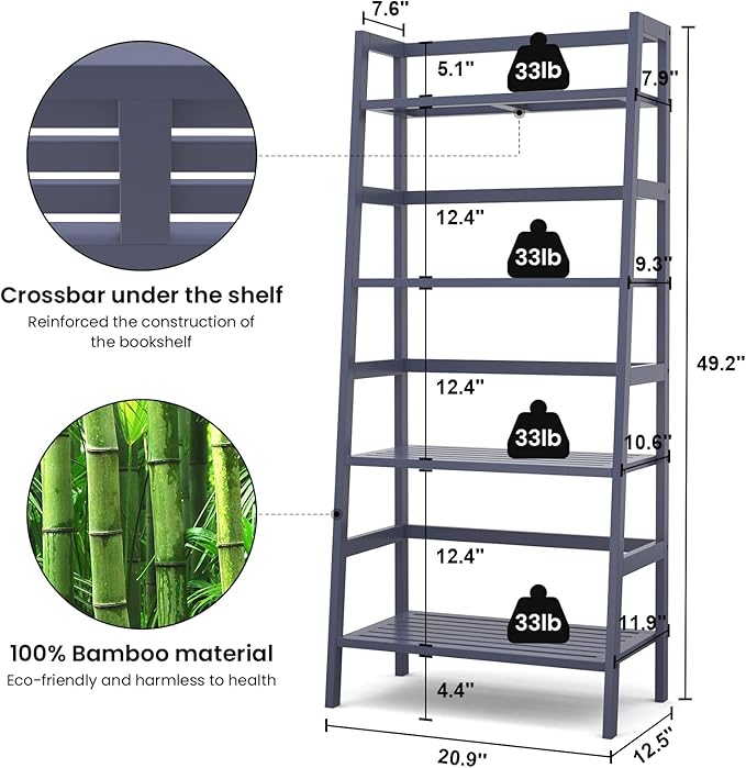 Homykic Bamboo Ladder Shelf 4-Tier Bookshelf, 49.2” Freestanding Open Bookcase Book Shelf Bathroom Storage Shelf Unit Plant Stand for Living Room, Bedroom, Small Space, Home Office, Blue Grey