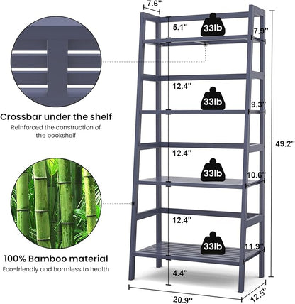 Homykic Bamboo Ladder Shelf 4-Tier Bookshelf, 49.2” Freestanding Open Bookcase Book Shelf Bathroom Storage Shelf Unit Plant Stand for Living Room, Bedroom, Small Space, Home Office, Blue Grey