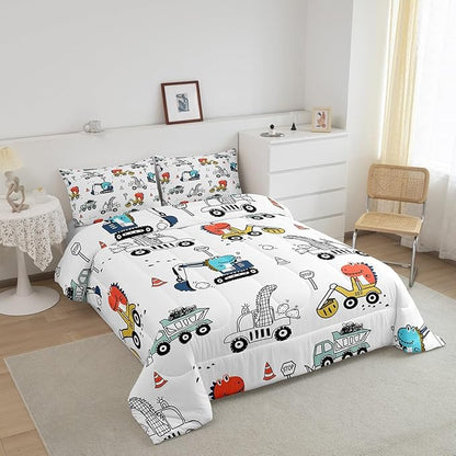 Feelyou Kids Cartoon Car Comforter Set Construction Bedding Set Twin Size Tractor Vehicle Truck Comforter for Kids Boys Girls Cute Dinosaur Quilt Set Yellow Blue Soft for Teens Child Room Decor