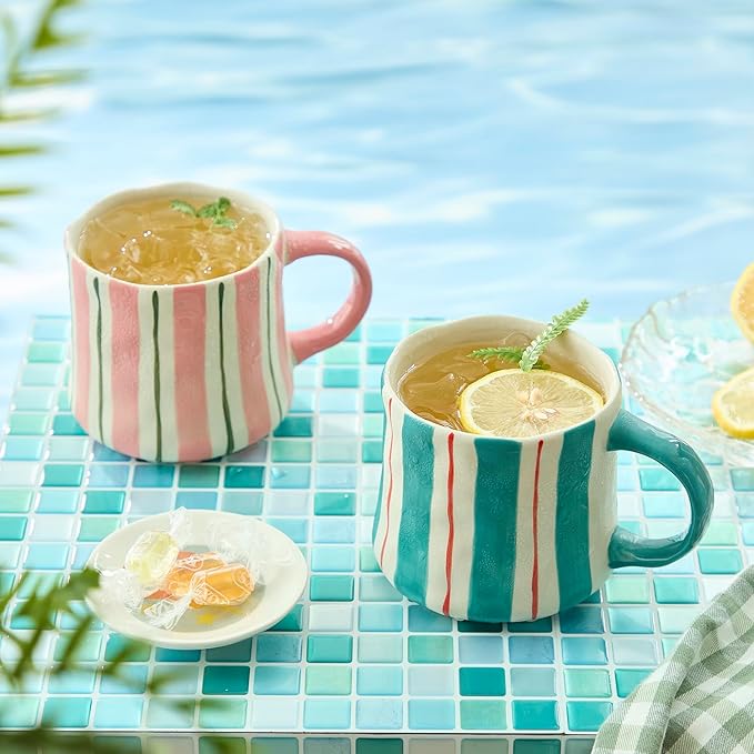 Striped Ceramic Coffee Mugs Set - 2 Pack, Pink & Green，Perfect for Morning Brew or Tea and Cocoa - for Coffee Lovers