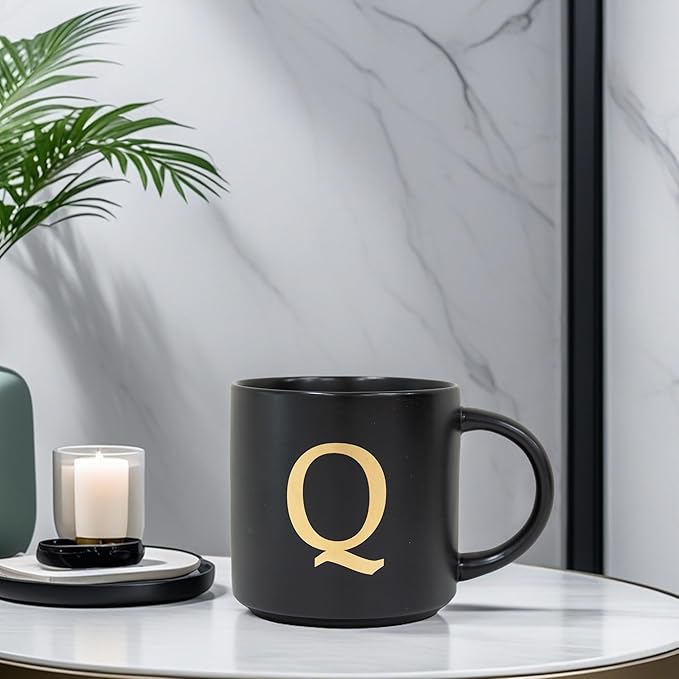 COLLECTIVE HOME - Monogram Ceramic Mugs, 15 oz Golden Initial Black Coffee Cups, Elegant Alphabet Tea Mugs, Elegant Personalized Mug with Gift Box, Unique Mug with Double Side Capital Lette (Q)