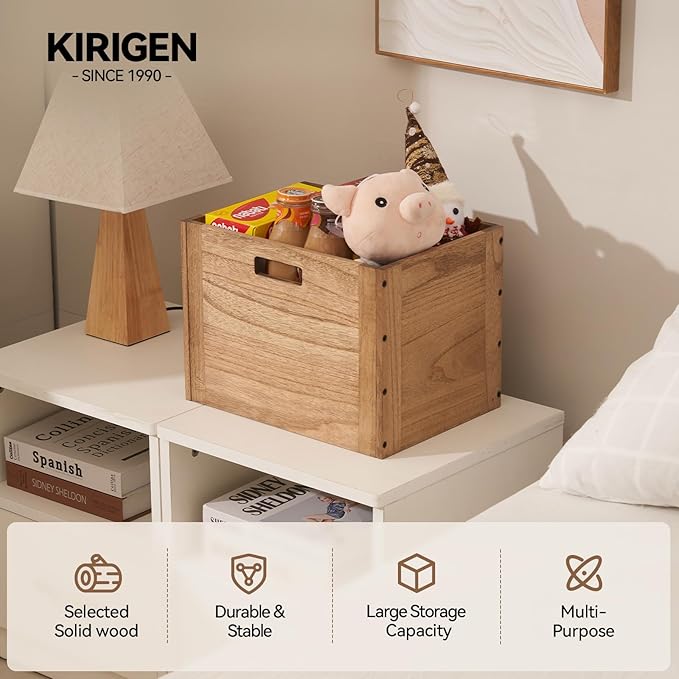 KIRIGEN Stackable Wood Storage Cube/Basket/Bins Organizer for Home Books Clothes Toy Modular Open Cubby Storage System - Office Cubical Bookcase Closet Shelves C26-DBR