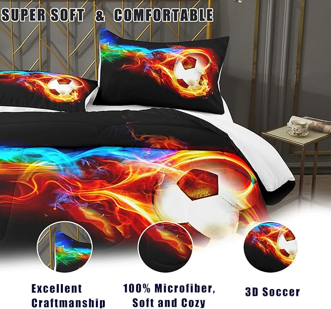 Bodhi Teen Bedding Set Twin,Soccer Comforter Set for Boys,Fire Sports Comforter Set Twin Size,Boys Football Comforter Set with Matching Pillowcases,Boys Bedding Set Twin