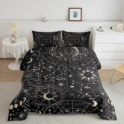 Feelyou Sun and Moon Comforter Set Boho Exotic Bedding Set Galaxy Astrology Comforter for Boys Girls Children Teens Bedroom Decor Chic Cute Luxury Zodiac Signs Duvet Set Queen Size Quilt Set